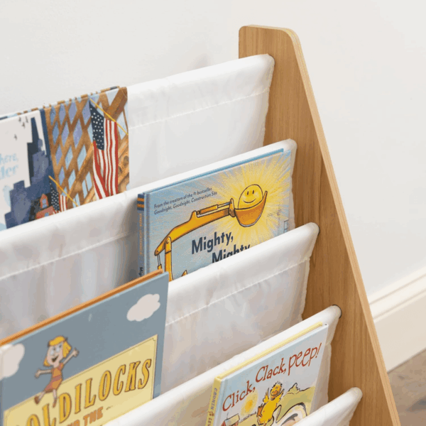 4-Tier Kids Bookshelf, Natural Wood/White - Premium Book Shelf for Kids Rooms with Four Deep Pockets - Toddler Sling Book Rack with Deep Sleeves, Nursery Bookcase Organizer - Image 5