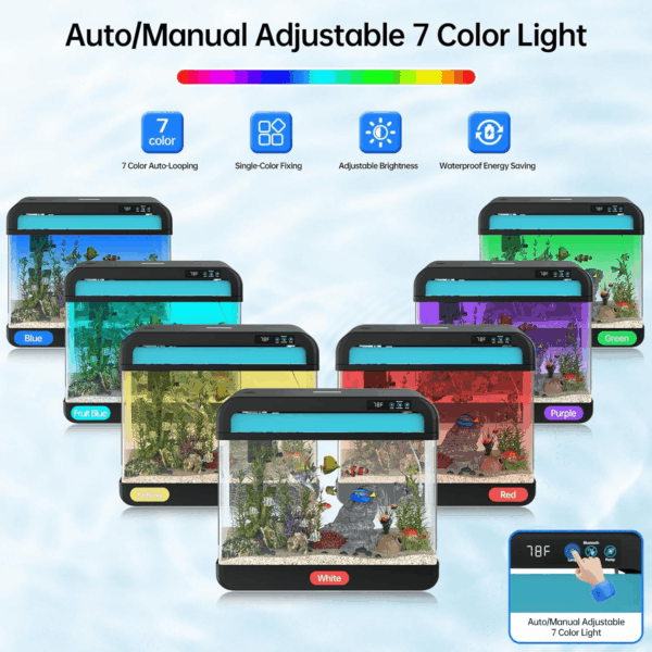 Fish Tank Aquarium 6.3 Gallon Fish Bowl with Music Humidifier 7 Color Auto-Looping Light Adjustable Quiet Pump, Temperature Display, Bottom Water Changer, HD Float Glass, Leak-Proof Thickened Base - Image 5