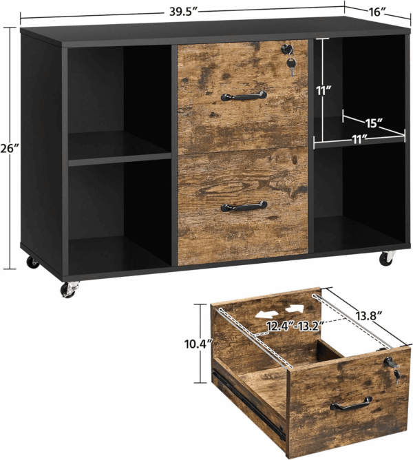 Filing Cabinet Lateral File Cabinet with 2 Drawer and 4 Open Compartments for Letter Size A4 Size, Printer Stand for Home Office, Black/Rustic Brown - Image 3