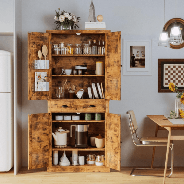 Kitchen Pantry Storage Cabinet 72.6" H, with Barn Doors, Drawer, 4 Adjustable Shelves, Freestanding Cupboard for Dining Room Living Room, Laundry, Vintage Brown - Image 2