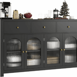 Buffet Cabinet with Storage, 55.1" Large Sideboard Buffet Farmhouse Kitchen Cabinet with 3 Drawers and 4 Doors, Wood Coffee Bar for Kitchen, Black