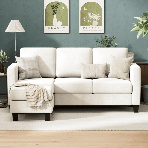 Convertible Sectional Sofa Couch, 3 Seat L-Shaped Sofa with Linen Fabric Ottoman Small Couch for Small Apartments, Living Room and Office (Linen Fabric, White) - Image 3