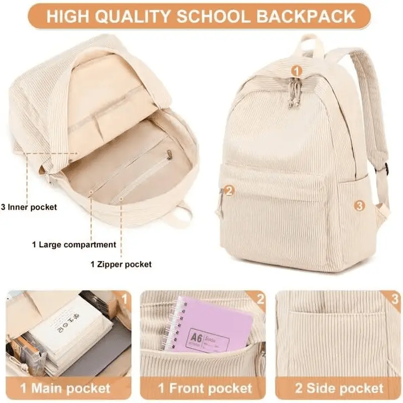 School Backpack for Teens Large Corduroy Bookbag Lightweight 17 Inch Laptop Bag for Girls Women Casual High School College (Corduroy-Beige) - Image 3