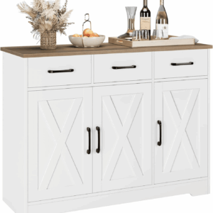 Modern Farmhouse Sideboard Buffet Cabinet, Barn Doors Buffet Storage Cabinet with Drawers and Shelves, Wood Coffee Bar with Storage for Kitchen, Dining Room, Living Room, White