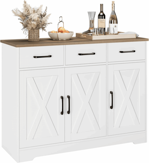 Modern Farmhouse Sideboard Buffet Cabinet, Barn Doors Buffet Storage Cabinet with Drawers and Shelves, Wood Coffee Bar with Storage for Kitchen, Dining Room, Living Room, White