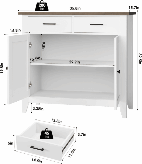 Kitchen Storage Cabinet, Modern Farmhouse Buffet Cabinet with Storage, Coffee Bar with 2 Drawers and 2 Doors, Floor Sideboard Buffet for Living Room, Dining Room, Bathroom, Ivory White - Image 3