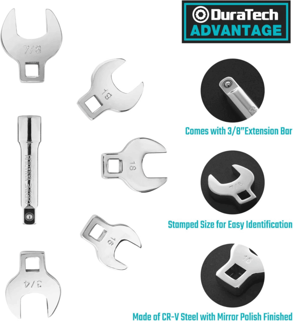 3/8" Drive Crowfoot Wrench Set with 2 Extension Bars, SAE & Metric, 19-Piece, 10-22Mm & 3/8"-7/8", CR-V Steel, with EVA Foam Tool Organizer - Image 2