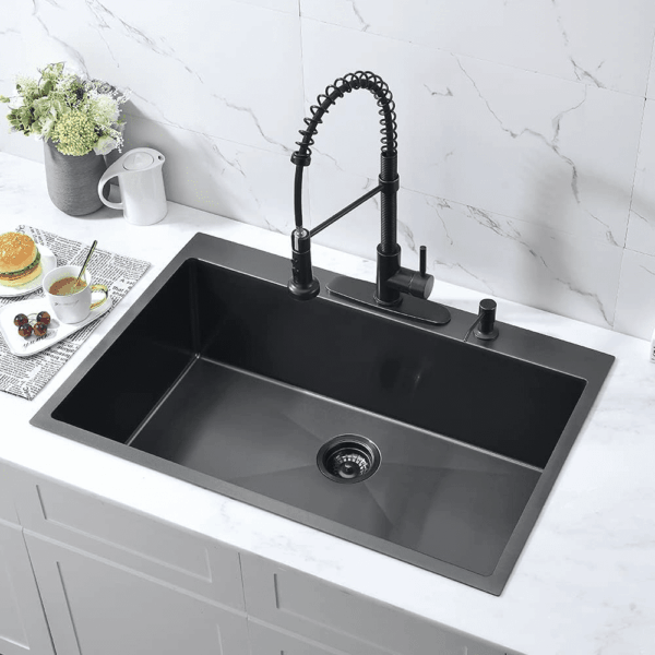 33-Inch Black Stainless Steel Drop-In Kitchen Sink - 33X22 Topmount Single Bowl with Dish Grid & Roll up Rack - 16 Gauge Deep Matte Black - Image 4