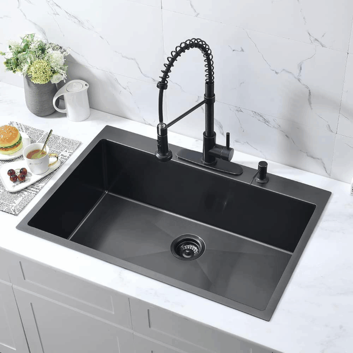 33-Inch Black Stainless Steel Drop-In Kitchen Sink - 33X22 Topmount Single Bowl with Dish Grid & Roll up Rack - 16 Gauge Deep Matte Black - Image 4