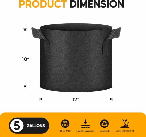 Plant Grow Bags 5 Gallon 20-Pack, Tomoato Planter Pots with Handles, Aeration Nonwoven Fabric, Heavy Duty Gardening Planter for Vegetable, Herbs and Flowers, Black New - Image 2