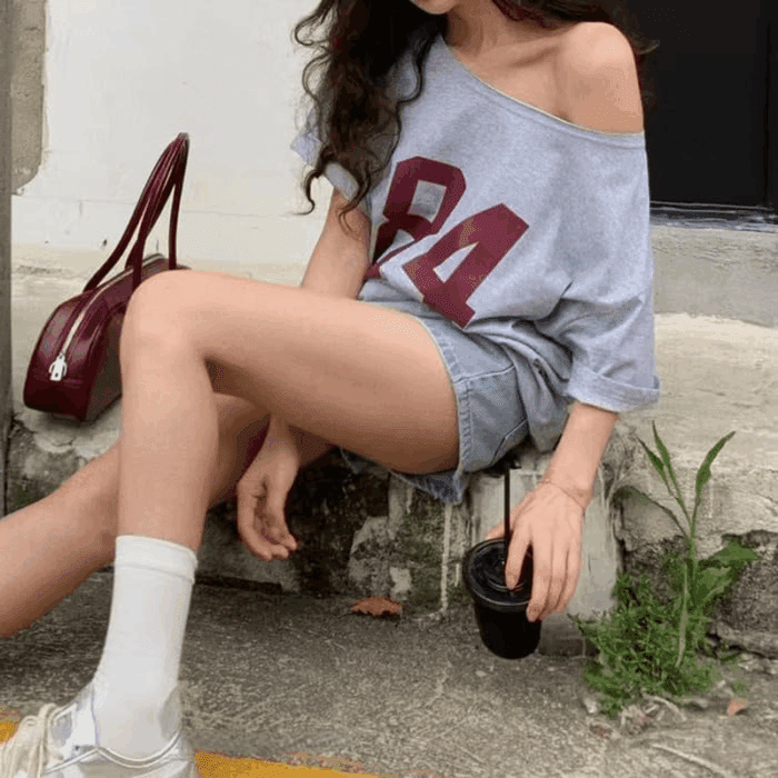 Off the Shoulder Tops for Women Short Sleeve Y2K Jersey Number Graphic Oversized Tshirts E-Girl Tees - Image 3