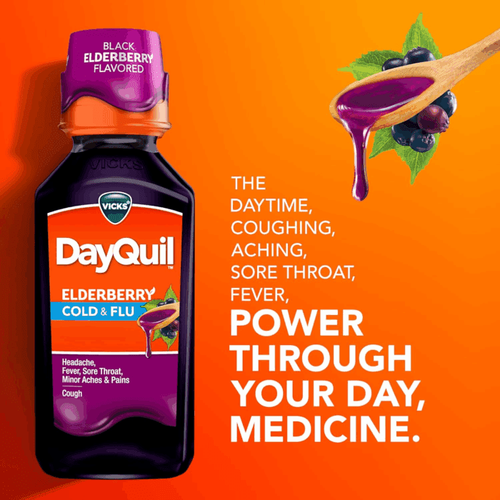 Dayquil & Nyquil Elderberry Flavor Cold & Flu Liquid Medicine Co-Pack, Multi-Symptom Relief of Headache, Fever, Sore Throat, Minor Aches & Pains, Sneezing, Runny Nose, and Cough, 2X12Oz - Image 5