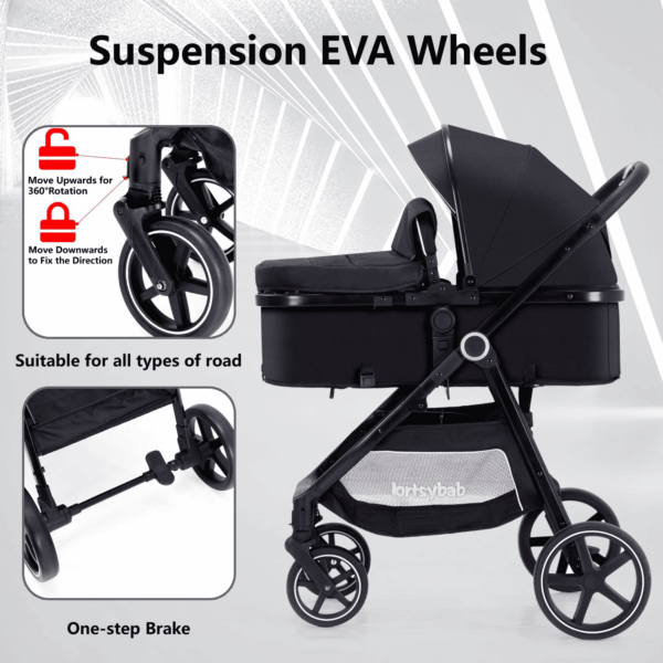 2-In-1 Baby Stroller with Bassinet Mode - Folding Infant Newborn Pram Stroller with Reversible Seat - Toddler Strollers for 0-36 Months Old Babies - Image 5
