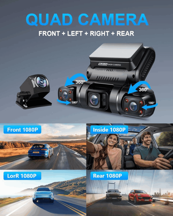 360 Degree View 4 Channel Dash Cam Front and Rear inside Left Right, Dash Camera for Cars, Built-In GPS Wifi Night Vision, 24/7 Recording Parking Mode Monitor, Free 128G Card - Image 3