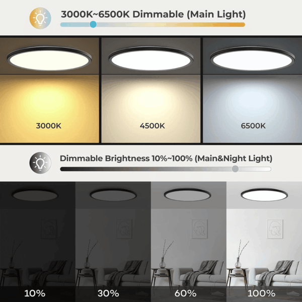 15.4In LED Flush Mount Ceiling Light Fixture with Remote, 2000K Warm Nightlight, Dimmable 3000K-6500K Low Profile Ceiling Lights for Bedroom, Living Room, 3600LM Black - Image 4