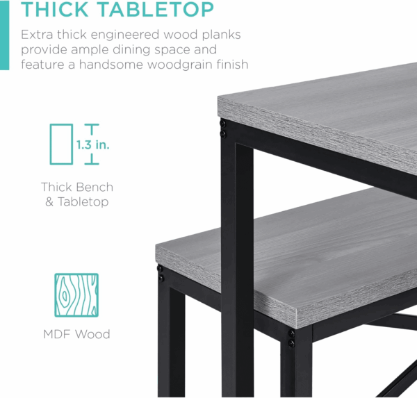 45.5In 3-Piece Bench Style Dining Furniture Set, 4-Person Space-Saving Dinette for Kitchen, Dining Room W/ 2 Benches, Table - Gray/Black - Image 4
