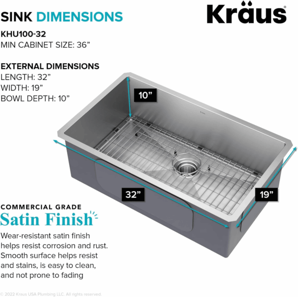 KHU100-32 Standart PRO 16 Gauge Undermount Single Bowl Stainless Steel Kitchen Sink, 32 Inch - Image 4