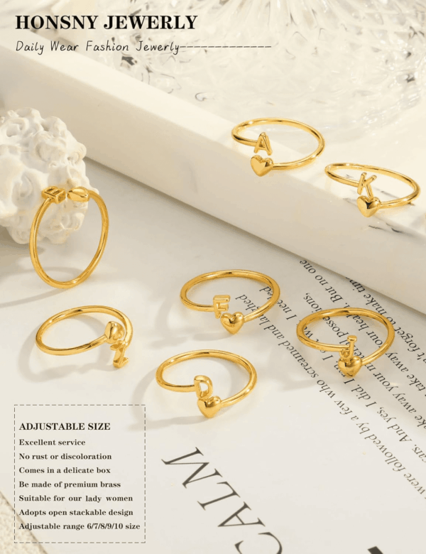 Gold Initial Rings for Women Non Tarnish 18K Gold Plated Heart Initial Stackable Rings Adjustable Pinky Rings for Women Cute Dainty Alphabet Capital Letter Rings Jewerly Gift - Image 6