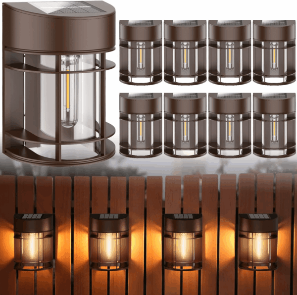 Solar Fence Lights, 8 Pack Deck Light Waterproof Solar Outdoor Lights for Garden Fence Post Backyard Decor, Brown