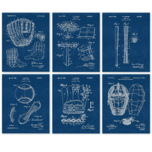 Vintage Baseball Patent Prints, 6 (8X10) Unframed Photos, Wall Art Decor Gift for Home Office Gears Work Garage Shop Man Cave Gym School Student Teacher Coach State World Championship Field Sports