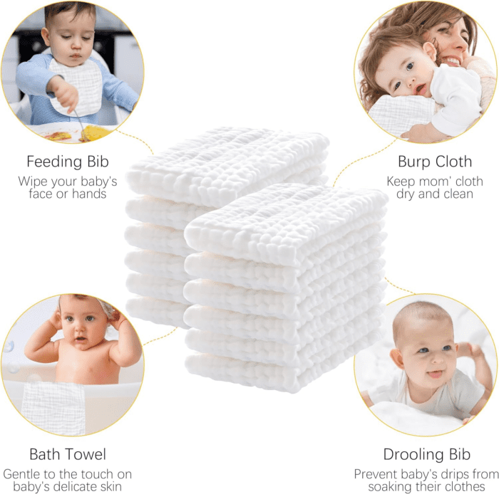 12 Pack Muslin Burp Cloths 100% Cotton Muslin Cloths Large 20''X10'' Extra Soft and Absorbent Baby Burping Cloth - White - Image 4