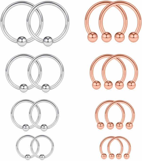 16-24PCS 16G Surgical Steel Horseshoe & Captive Bead Nose Hoop Septum Earring Eyebrow Tongue Lip Nipple Helix Tragus Piercing Jewelry Rings 6-16Mm