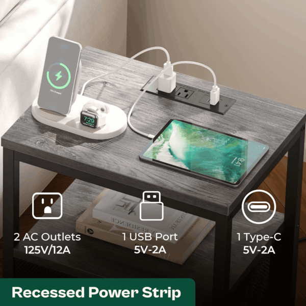 Nightstand with Charging Station, Side Table with Fabric Drawers, End Table with Open Shelf, Bedside Table with USB Ports and Outlets, Night Stand for Bedroom, Charcoal Gray - Image 3