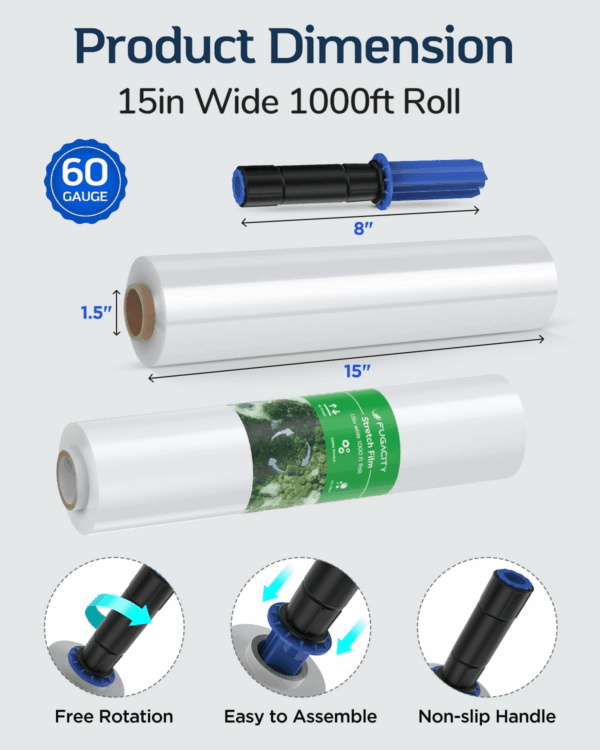 Stretch Wrap Film-2 Pack 15 Inch Wide 1000Ft Heavy Duty Shrink Wrap,60 Gauge 500% Stretch Industrial Strength for Pallet Wrap, Furniture Wrapping Moving & Protection (Rolls Only) - Image 6