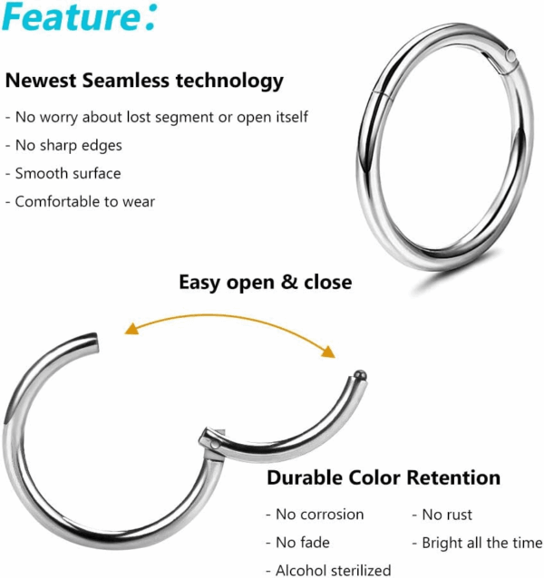 4Pcs 16G 18G 20G Surgical-Steel-Piercing-Ring-Nose-Rings-Hinged-Hoop-Earrings,6Mm 8Mm 10Mm 12Mm Seamless Stainless Steel Clicker Eyebrow Septum Piercing Hoop,Sliver Black Gold Rose Gold Rainbow Body Jewelry Set - Image 4
