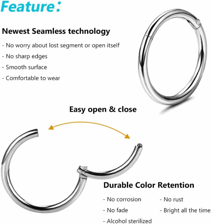 4Pcs 16G 18G 20G Surgical-Steel-Piercing-Ring-Nose-Rings-Hinged-Hoop-Earrings,6Mm 8Mm 10Mm 12Mm Seamless Stainless Steel Clicker Eyebrow Septum Piercing Hoop,Sliver Black Gold Rose Gold Rainbow Body Jewelry Set - Image 4