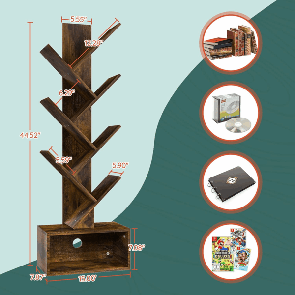 Tree Bookshelf - 6 Shelf Retro Floor Standing Bookcase, Tall Wood Book Storage Rack for Cds/Movies/Books, Utility Organizer Shelves Bedroom, Living Room, Home Office, Rustic Brown - Image 3