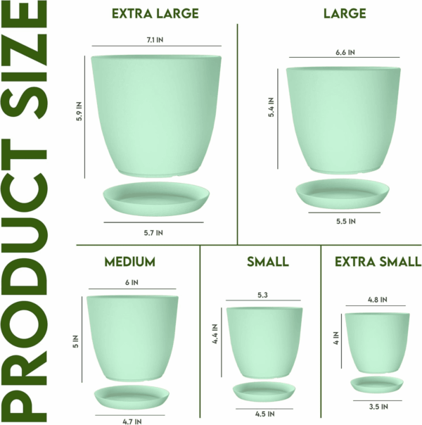 - Plant Pots Indoor with Drainage - 7/6.6/6/5.3/4.8 Inches Home Decor Flower Pots for Indoor Planter - Pack of 5 Plastic Planters for Indoor Plants, Cactus, Succulents Pot - Mint - Image 5