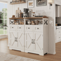 Set of 2 Farmhouse Storage Cabinet with Barn Doors and Drawers, Freestanding Kitchen Pantry, Floor Storage Cabinet Hutch Cupboard for Kitchen, Laundry, Living Room, White - Image 2