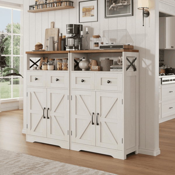 Set of 2 Farmhouse Storage Cabinet with Barn Doors and Drawers, Freestanding Kitchen Pantry, Floor Storage Cabinet Hutch Cupboard for Kitchen, Laundry, Living Room, White - Image 2