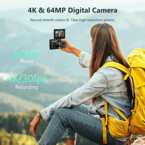 4K Digital Camera for Photography, 64MP Vlogging Camera for Youtube with 3" 180° Flip Screen, 18X Digital Zoom Point and Shoot Camara with 32GB Micro SD Card for Beginner (Black) - Image 2