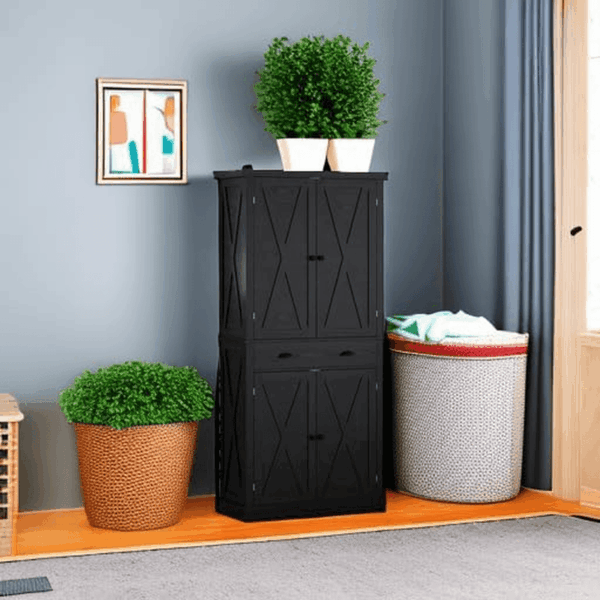 Kitchen Pantry Storage Cabinet 72.6" H, with Barn Doors, Drawer, 4 Adjustable Shelves, Freestanding Cupboard for Dining Room Living Room, Laundry, Black - Image 6