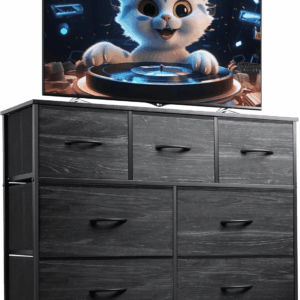 7 Drawer Dresser TV Stand, Entertainment Center, Media Console Table with Metal Frame and Wood Top for TV up to 45 Inch, Chest of Drawers for Bedroom, Charcoal Black Wood Grain Print