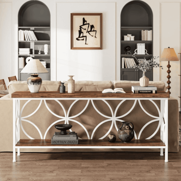 70.9-Inch Narrow Sofa Table, Industrial Long Sofa Table behind Couch, Entry Console Table with Storage for Entryway, Living Room, Foyer, Unique Design, Walnut/White - Image 8