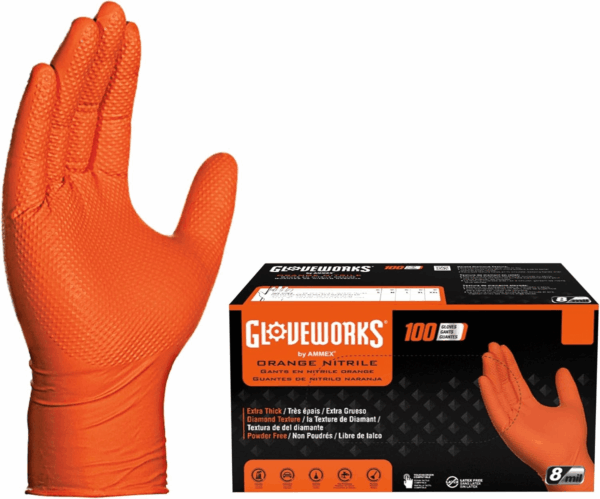 HD Orange Nitrile Gloves, 8 Mil, Disposable, Raised Diamond Texture, Mechanic Gloves