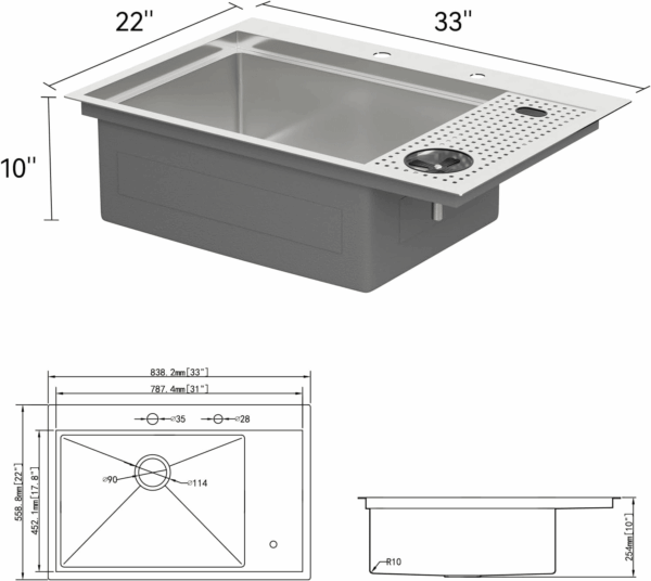 33 Inch Drop in Kitchen Sink Workstation with Glass Rinser 33X22 Drop in Kitchen Sinks Stainless Steel Workstation Sinks 16 Gauge Single Bowl Sink with Cup Washer with Cutting Board - Image 9
