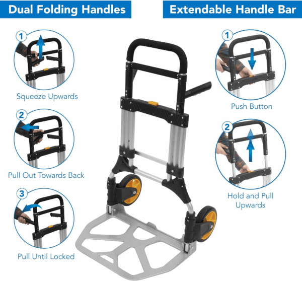 Folding Dolly, Aluminum Dolly Cart, 440 Lb Capacity Hand Cart, Dolly Cart with Wheels of Rubber, Telescoping Handle for Indoor Outdoor Travel, Foldable & Moving Dolly - Image 4