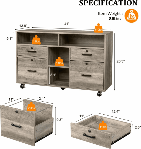 Wide 4 Drawer File Cabinet with Lock, Rustic Grey Rolling File Cabinet with Open Shelves, Lockable Printer Stand, Letter Sized - Image 3