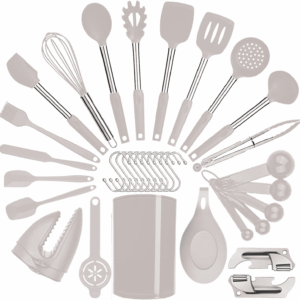Kitchen Utensils Set-Silicone Cooking Utensils-35 Kitchen Gadgets & Spoons for Nonstick Cookware-Silicone and Stainless Steel Spatula Set-Best Kitchen Tools, Useful Pots and Pans Accessories (Khaki)