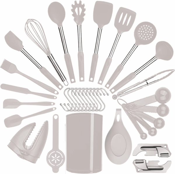 Kitchen Utensils Set-Silicone Cooking Utensils-35 Kitchen Gadgets & Spoons for Nonstick Cookware-Silicone and Stainless Steel Spatula Set-Best Kitchen Tools, Useful Pots and Pans Accessories (Khaki)