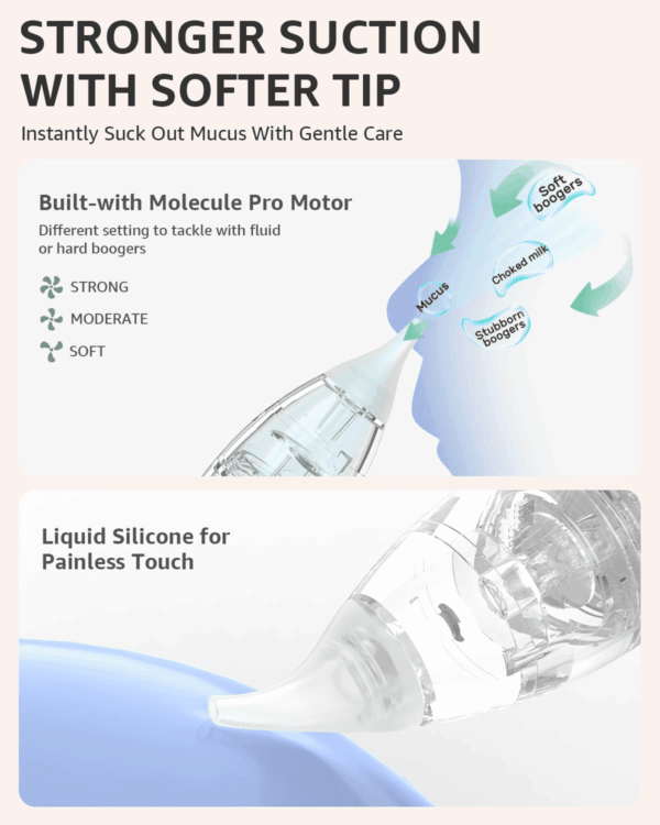 Nasal Aspirator for Baby, Electric Nose Aspirator for Toddler, Baby Nose Sucker, Automatic Nose Cleaner with 3 Silicone Tips, Adjustable Suction Level, Music and Light Soothing Function - Image 3