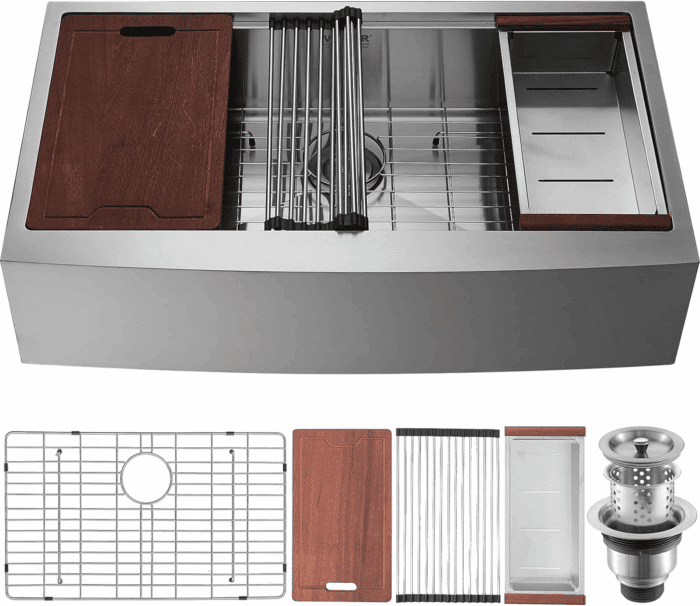 33 Inch Farmhouse Kitchen Sink, 304 Stainless Steel Sink, Top Mount Single Bowl Kitchen Sinks with Ledge & Accessories, Household Dishwasher Sinks for Farm, Prep Kitchen, Garage and Bar Sink