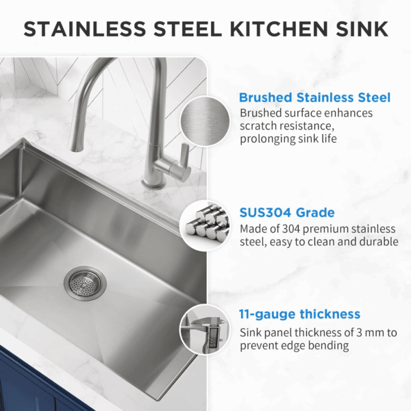 30 Inch Undermount Kitchen Sink Superior Drain Kitchen Sinks 11 Gauge (3Mm) Stainless Steel, Single Bowl Integrated Ledge Multifunctional Workstation Set - - Image 5
