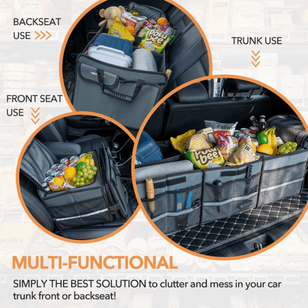Large Trunk Organizer with Built-In Leakproof Cooler Bag, 2 Tie-Down Straps, 4 Removable Dividers, Foldable Cover, Built with 2Mm PE Board, Gray - Image 5