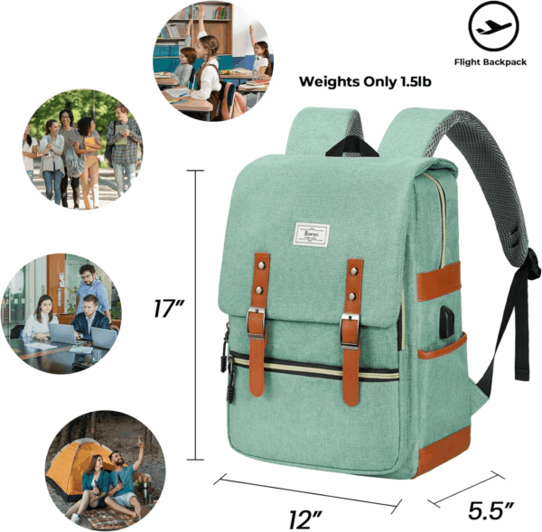Vintage Laptop Backpack for Women Men,15.6 Inch Bookbag Casual Daypack with USB Charging Port for College Work, Green Backpacks - Image 2