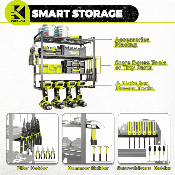 Power Tool Organizer, Garage Tool Organizers and Storage,Drill Holder Wall Mount, Storage Rack for Cordless Drill, Heavy Duty Tool Shelf with Screwdriver Holder/Pliers Holder/Hammer Holder - Image 5